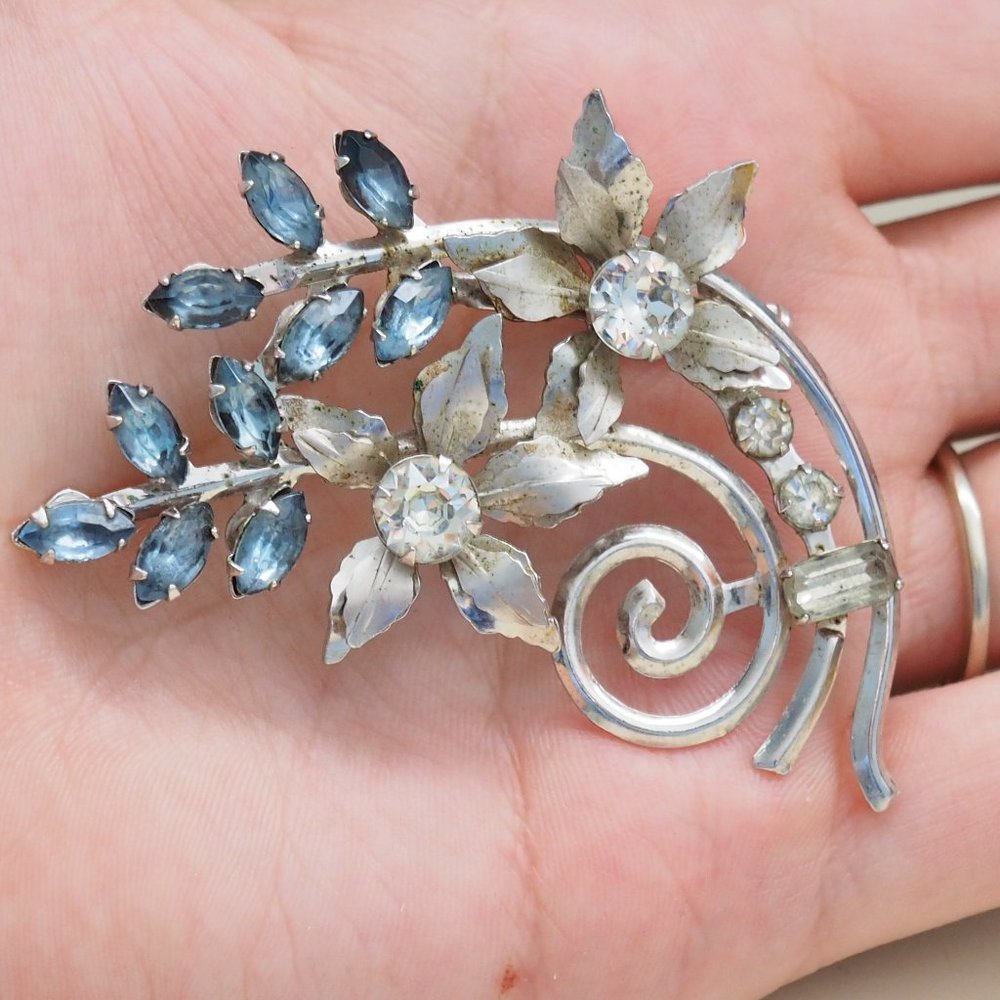 Vintage Blue and Silver Floral Bouquet Brooch
